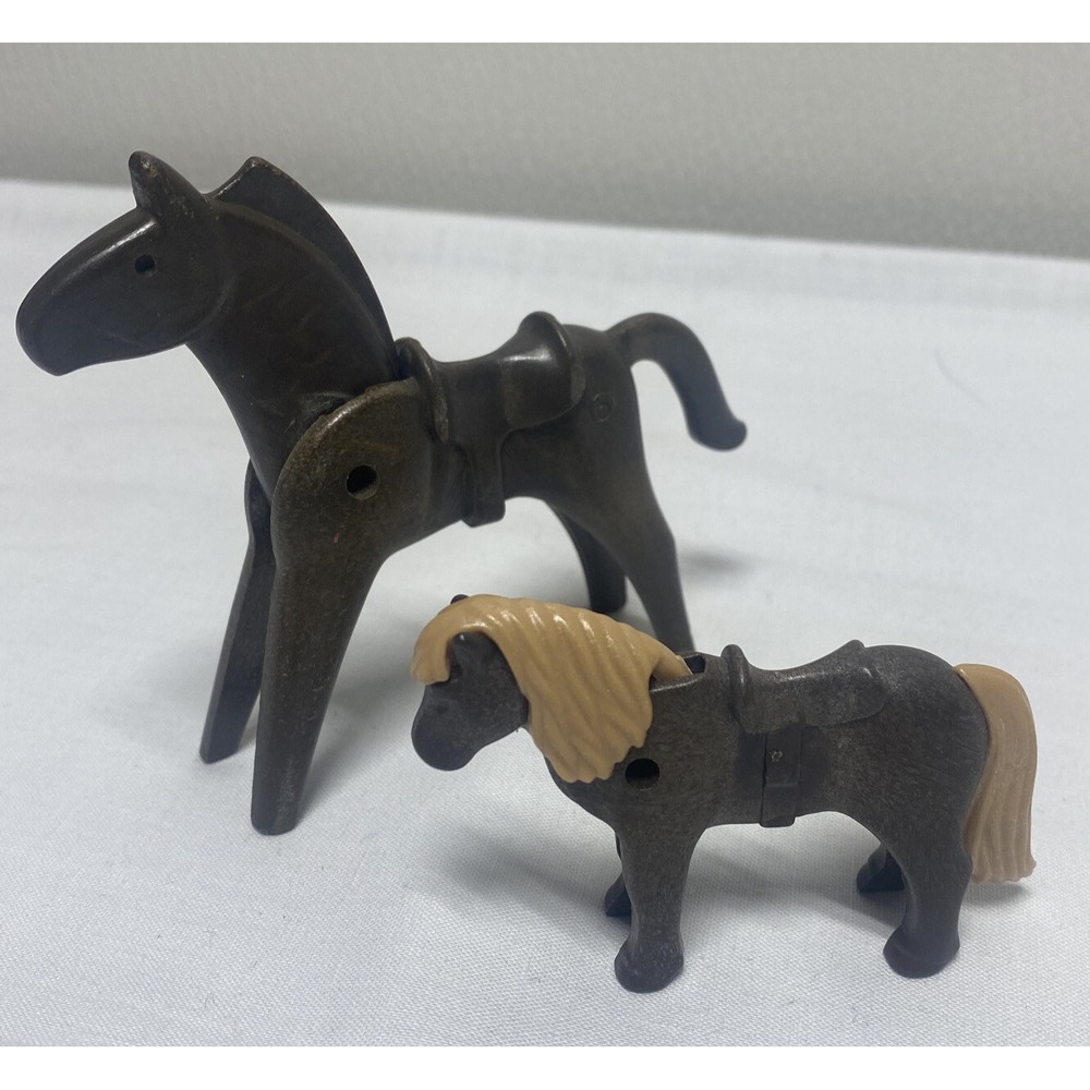 Vintage Playmobil Horses set of 2 Brown w/ Saddles Western 1974 Geobra pony